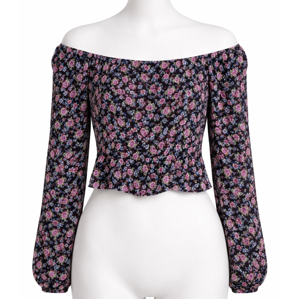 Francesca's Mi Ami Womens Black Floral Peplum Top Long Sleeve Smocked Size S